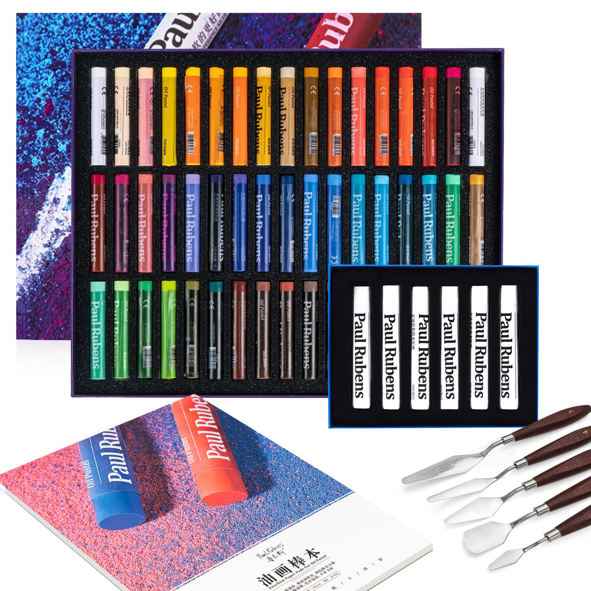 Paul Rubens Oil Pastels Set with 50 Colors Artist Soft Oil Pastels+6 Pcs White Oil Pastels+8.7 x 11.7 Inches Oil Pastel Book(30 Sheets)+5 Palette Knives for Artists, Professionals, Student, Hobbyist Paul Rubens
