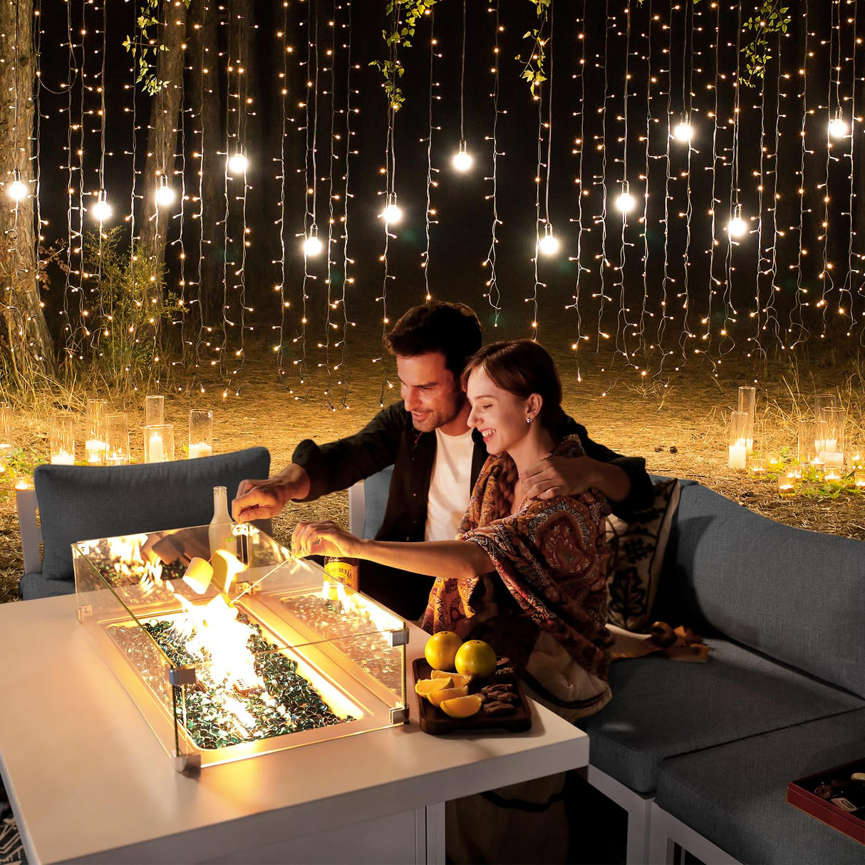 RADIATA 9 Pieces Aluminum Patio Furniture with Fire Pit Conversation Set with 29'' Large Depth Seat Outdoor Luxury Sofa Set (Dark Gray with White Aluminum) RADIATA