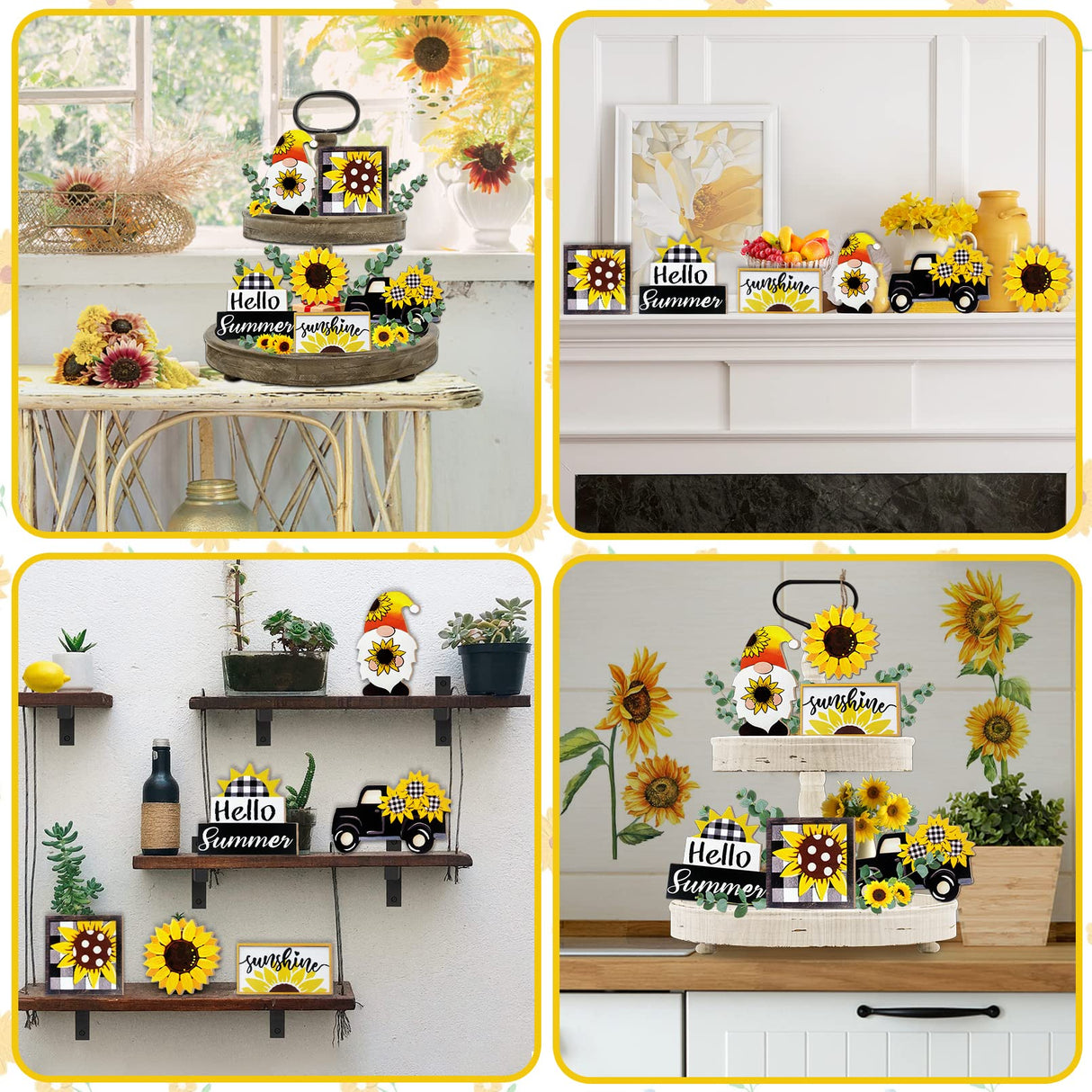 Guoofu Summer Tiered Tray Decor, Farmhouse Sunflower Tray Decorations, Hello Spring Summer Sunflower Gnome Sunshine Truck Wooden Signs, Buffalo Plaid Rustic Home Decor for Table Mantel Office Party Guoofu