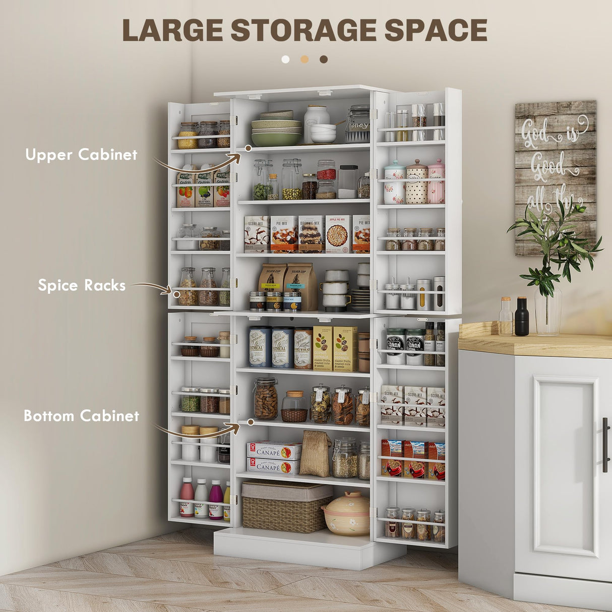 HOMCOM 65" Kitchen Pantry Cabinet, Modern Storage Cabinet with Doors and Shelves, Freestanding Cupboard for Dining Room, White HOMCOM