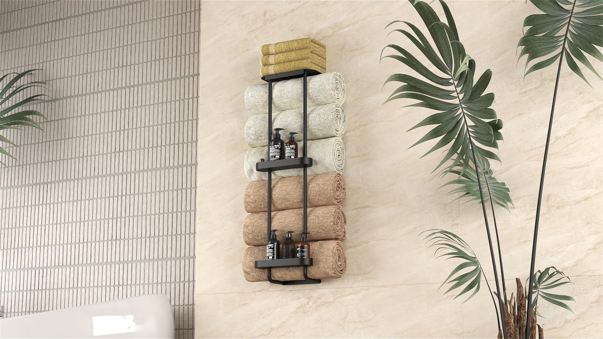 STWWO Bathroom Towel Storage, 36.4 Inch Towel Racks for Bathroom Wall Mounted with Shower Caddy with Metal Shelf, Black STWWO