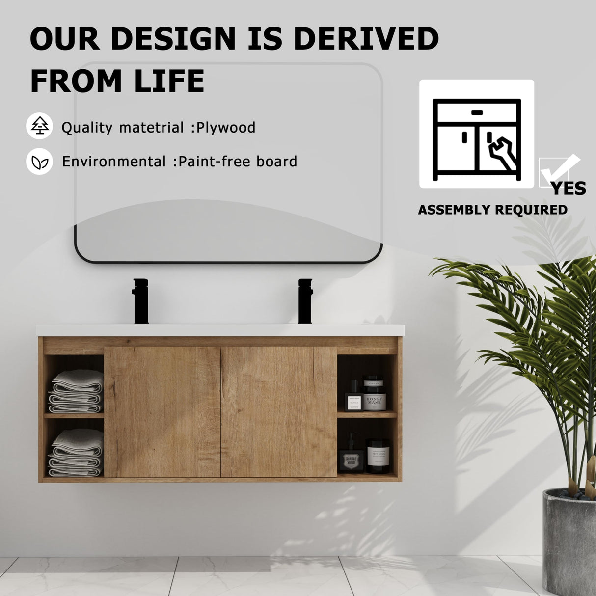 SSLine 48-Inch Double Sink Vanity Modern Wall Mounted Bathroom Vanity with Double Resin Sink 48" Large Floating Bathroom Vanities Set with Side Open Shelves & Cabinet (Brown) SSLine