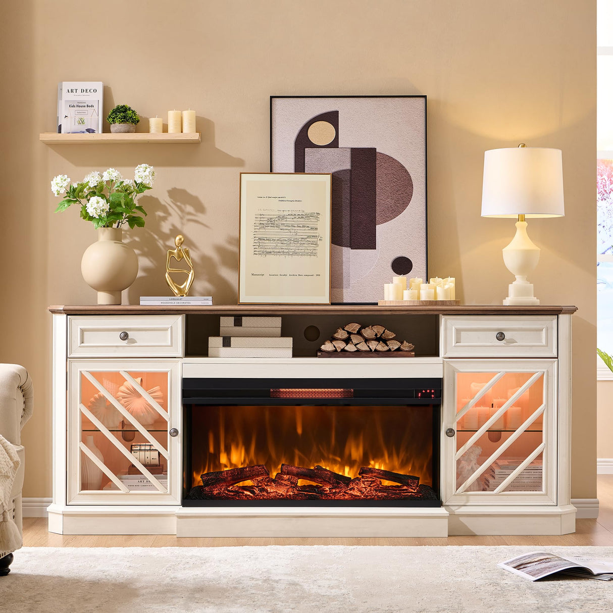 OKD 75 Inch 3-Sided Electric Fireplace TV Stand for TVs up to 85'',Modern Highboy Entertainment Center with 36" Fireplace & LED Lights,Widen Drawers and Glass Door Storage Cabinet, Antique White OKD