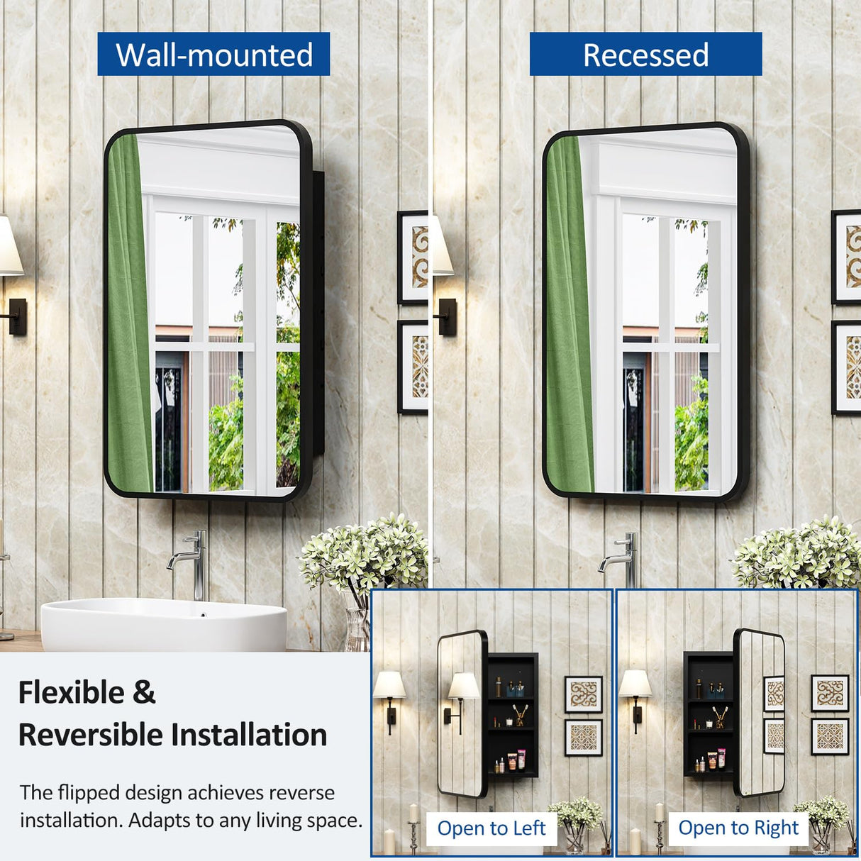 ACEMIRO 16x24 Inch Black Mirror Medicine Cabinet Metal Framed Recessed Wall Mounted Bathroom Medicine Cabinet with Mirror and Storage ACEMIRO