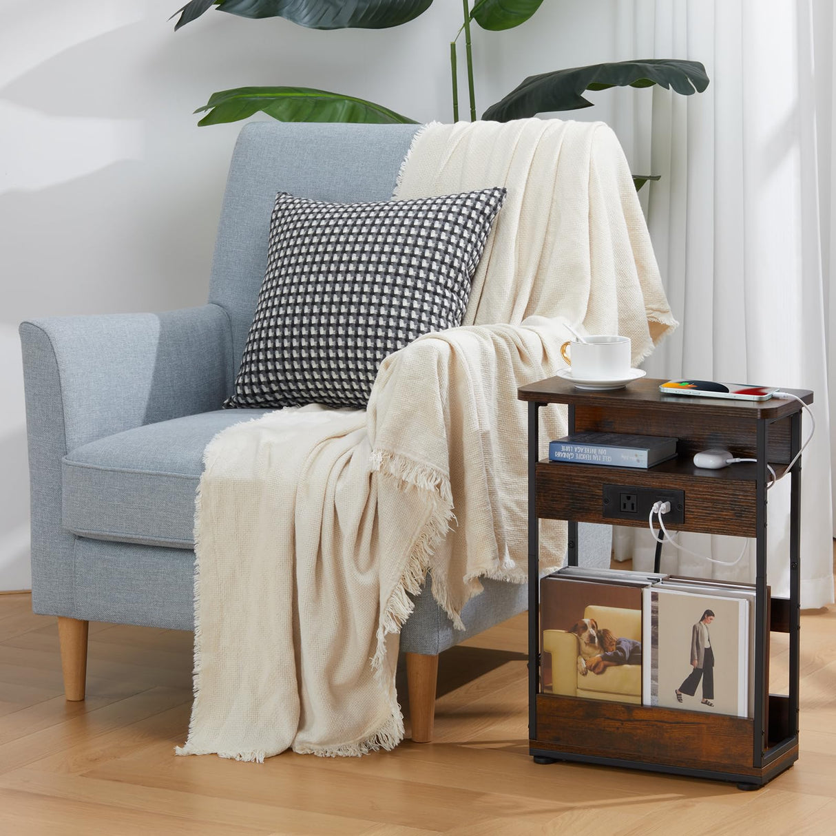 Narrow Side Table With Charging Station, 3-Tier End Table with 2 USB Ports & Power Outlets,Thin Sofa Side Table for Narrow and Small Spaces, Bedside Table Nightstand for Living Room/Rustic Brown YEAKOO