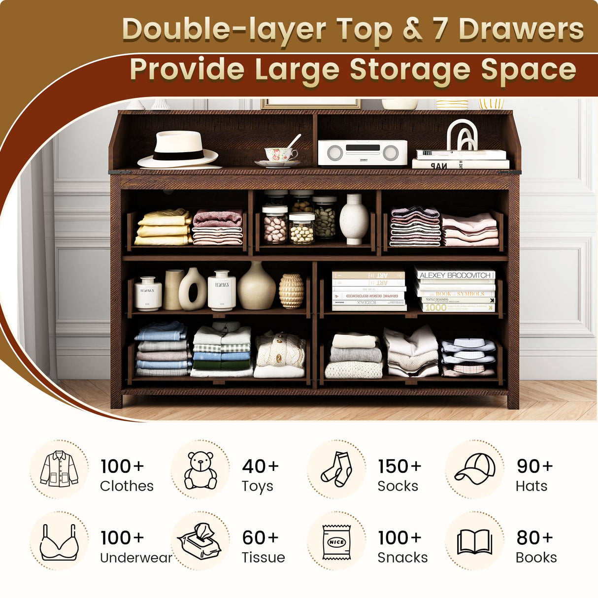 GlouMod Farmhouse 7-Drawer Dresser Chests for Bedroom, LED Dresser with Charging Station, Wood Rustic Tall Chest of Drawers, Brown GlouMod