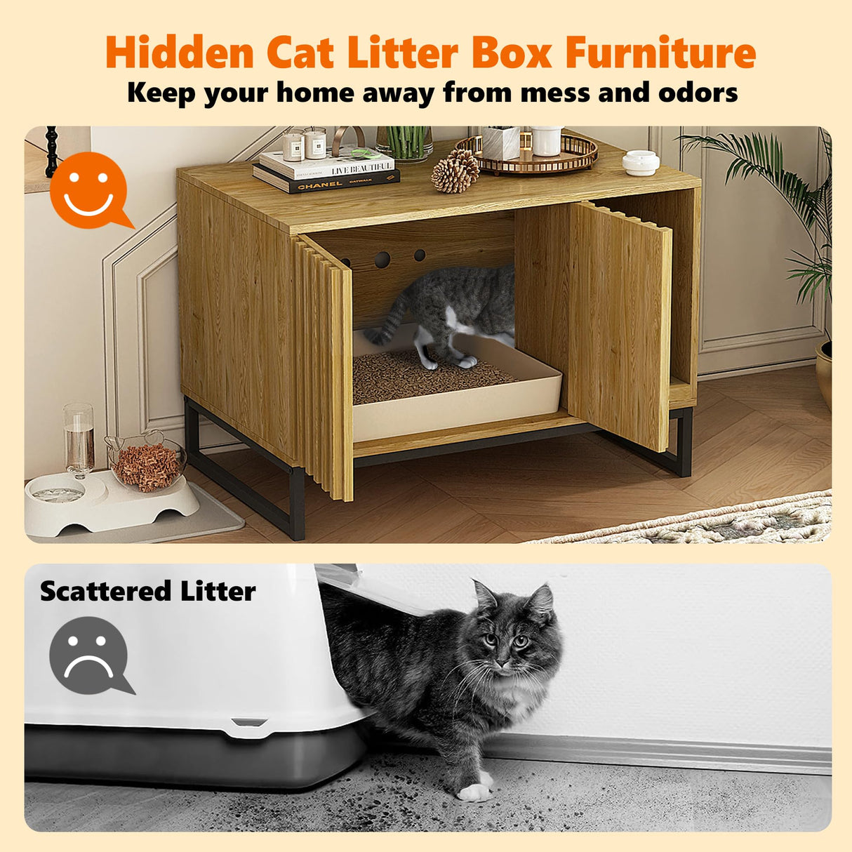Fienveorn Litter Box Enclosure,Modern Cat Litter Box Enclosure Furniture Hidden Litter Box with Cat Scratch Pad, Cat Washroom Cat House End Table, Entryway Bench for Livingroom (Natural) Halitaa
