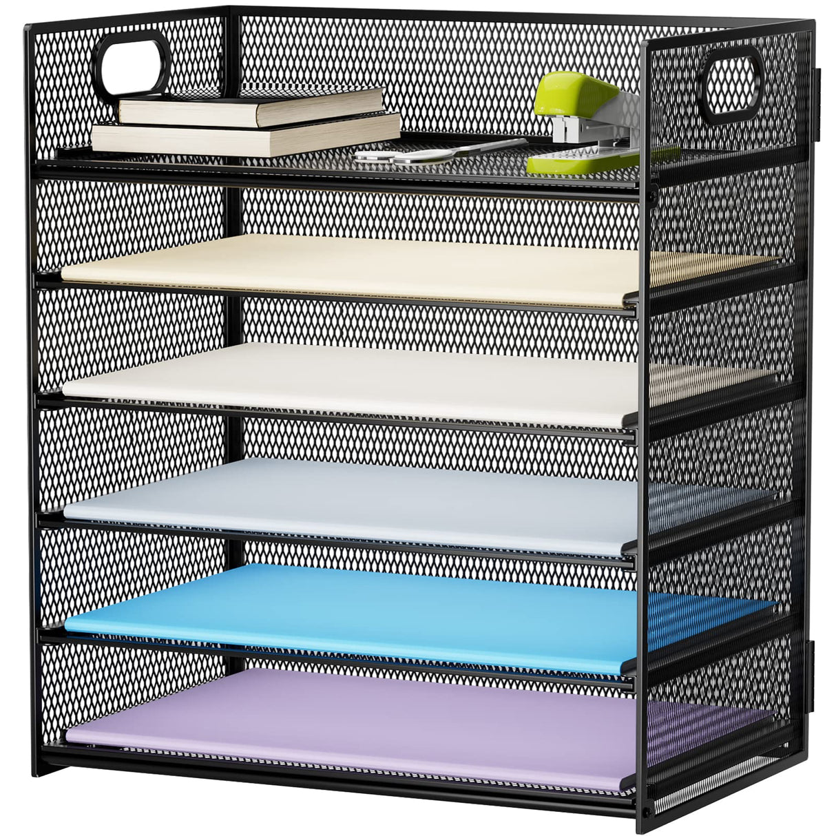 Marbrasse 6 Tier Paper Organizer Letter Tray - Mesh Desk File Organizer with Handle, Paper Sorter Organizer for Letter/A4 Office File Folder Holder - Black Marbrasse