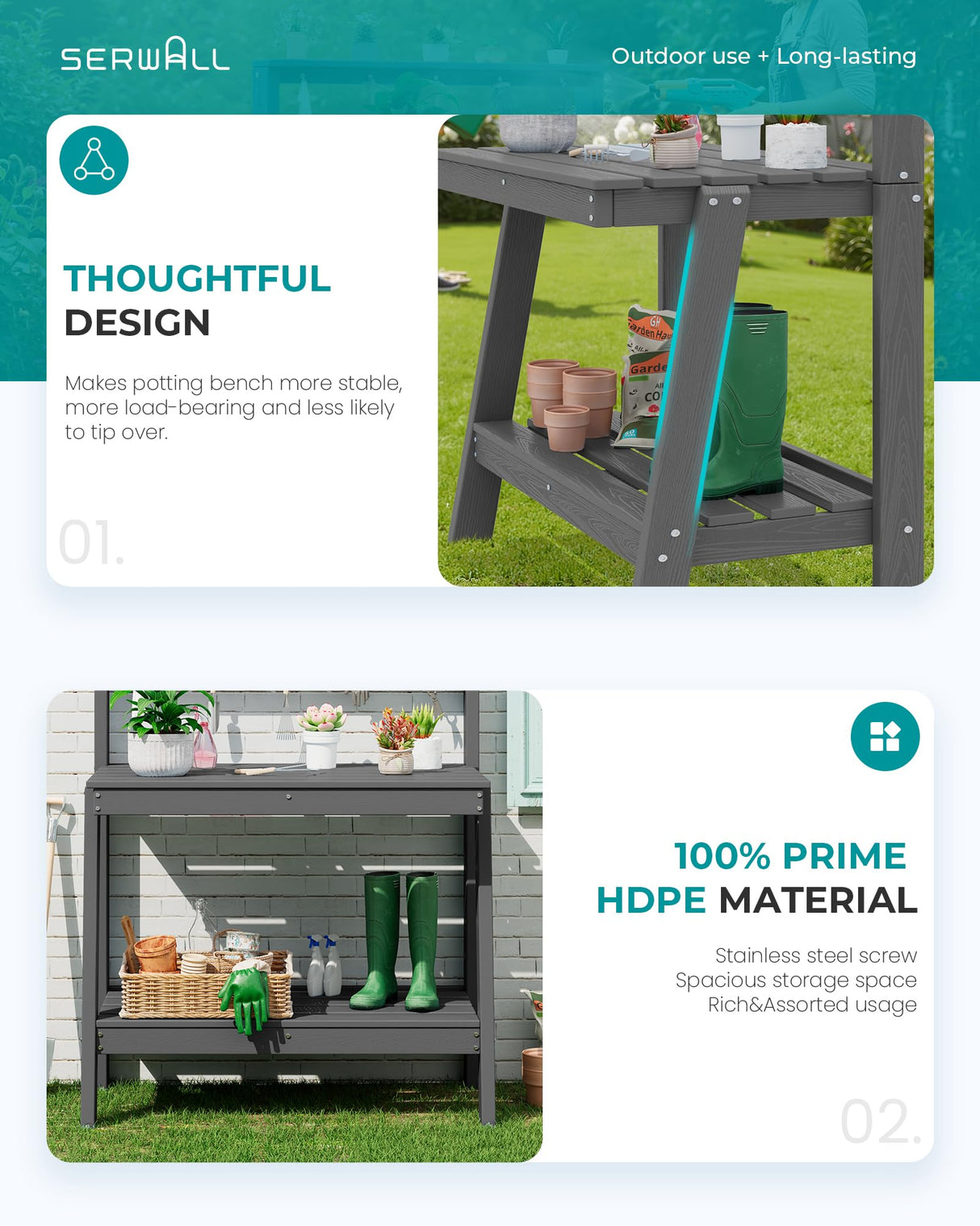 SERWALL Potting Bench Outdoor with Storage, 3-Tier HDPE Gardening Table with Angled Legs & Tool Hooks, All-Weather Heavy Duty Potting Table for Patio, Backyard, Garden, Gray SERWALL