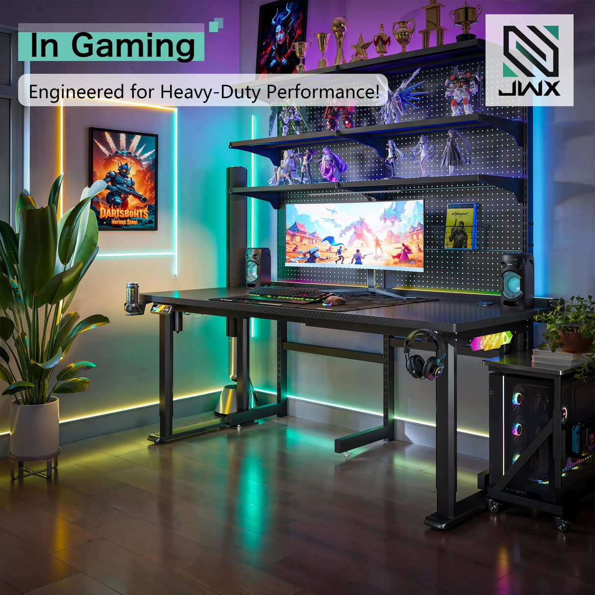 JWX 4 Legs Standing Desk with Dual Motor, Flip-up Cable Management Design with Acrylic Led Light JWX