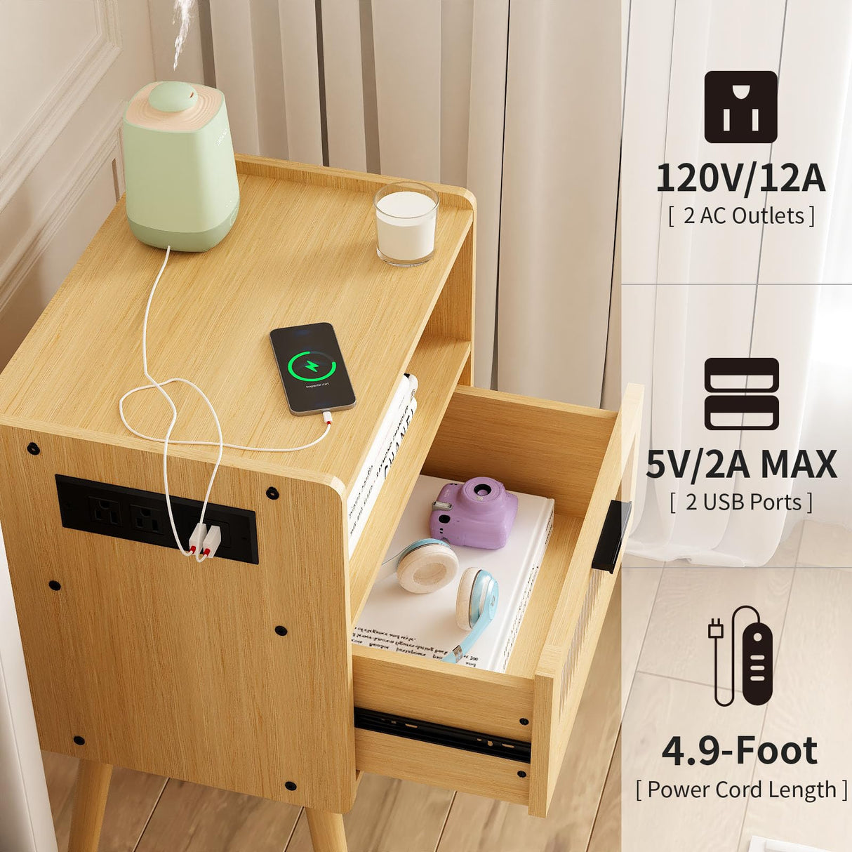 Mid Century Modern Nightstand with Charging Station, Bedside Tables with Glass Drawer, End Table Side Table with 2 Tiers Storage Space, for Bedroom, Living Room, Natural SOOWERY