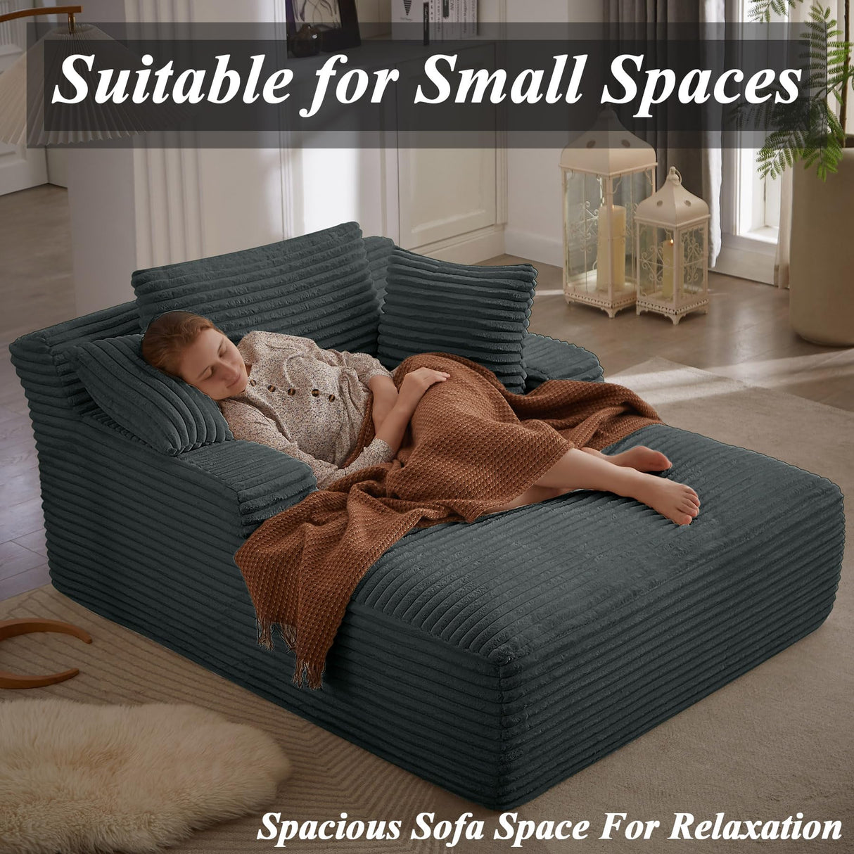 50" Boneless Couch, Oversized Chaise Lounge Sofa, Corduroy Chaise Lounge Chair Indoor with Comfy Pillows for Living Room Bedroom, Foam Filling, No Assembly (Dark Grey) Nahenduo