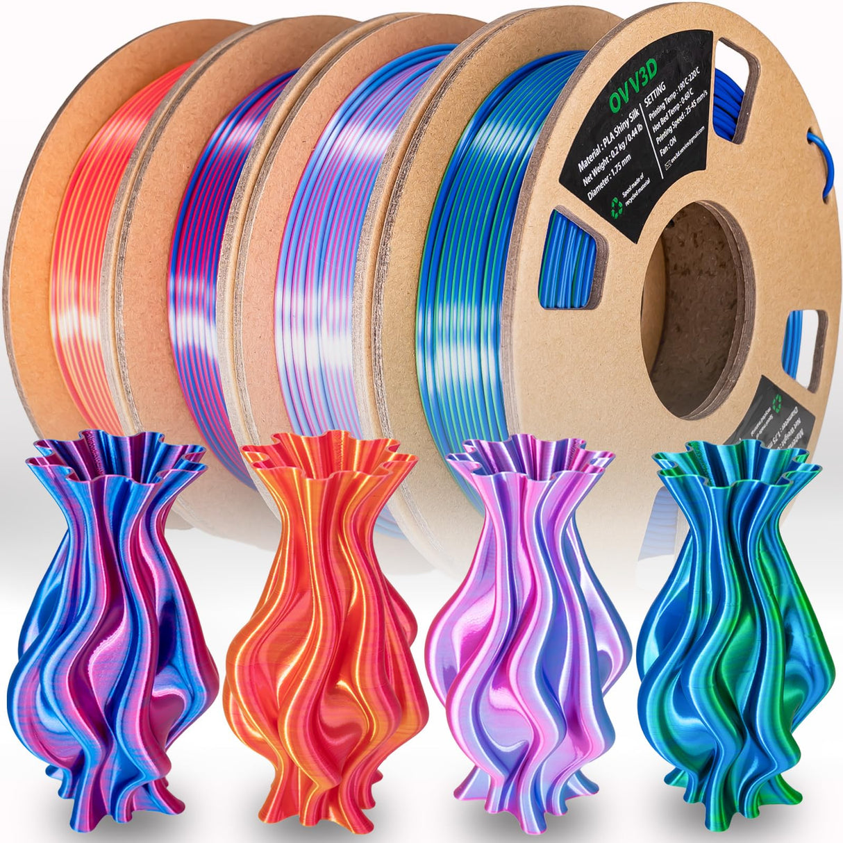OVV3D 3D Printer Filament, PLA Filament 1.75mm Bundle, Dual Color Filament, Coextrusion 3D Filament, Silk PLA Color Change Every Inch, 3D Printing Filament +/-0.02mm, 200g X 4 Spool OVVNYXE