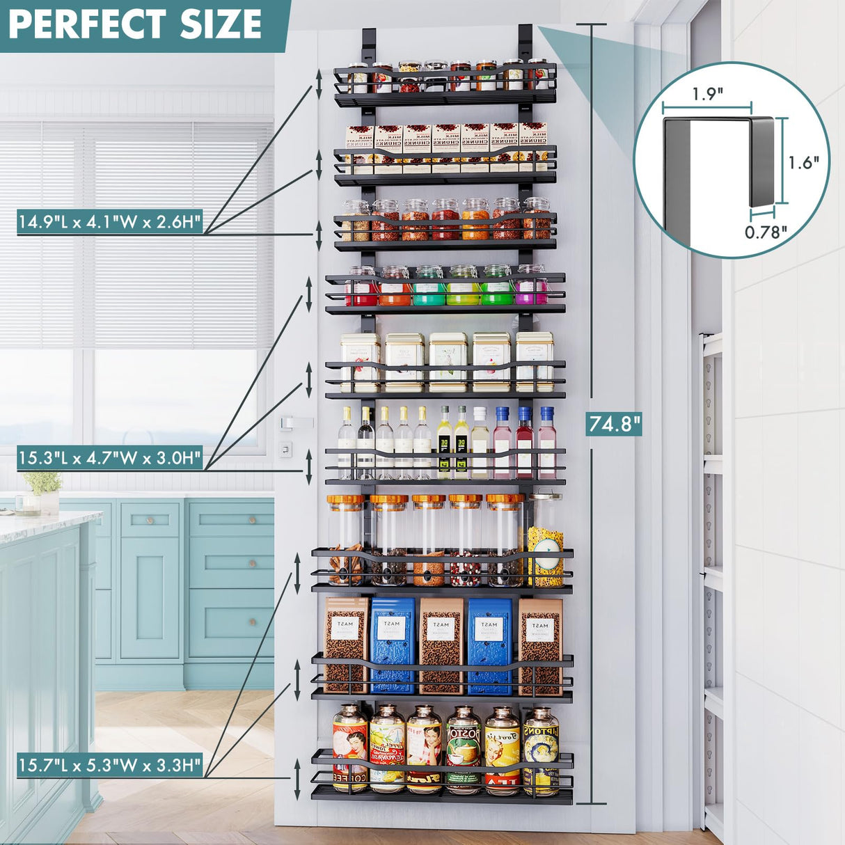Eastherry Over The Door Pantry Organizer,9-Tier Over The Door Organizer with Adjustable Basket,Metal Hanging Pantry Organizers and Storage for Kitchen, Back of Door Seasoning Rack (Black) Eastherry
