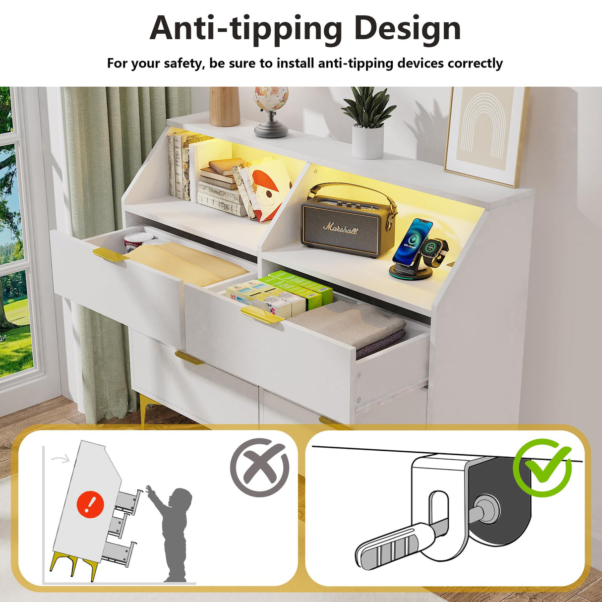 LOUVIXA 6 Drawer Dresser with LED Light, Chest of Drawers with Charging Station, Large Double Dressers, Wooden Dressers for Bedroom, Living Room, Entryway, Hallway (White) LOUVIXA