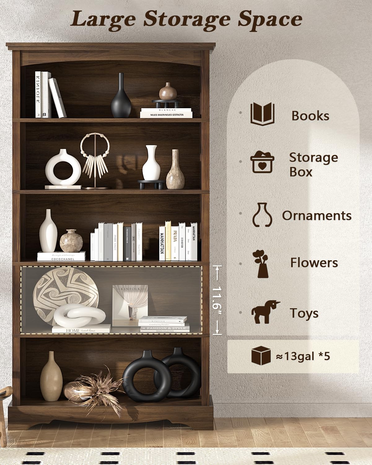 TVU 5-Tier Wooden Bookshelf, 65 Inch Tall Bookshelf with Storage, Floor Standing Modern Style Display Bookcase for Living Room, Office, Study Room, Entryway, Brown TVU