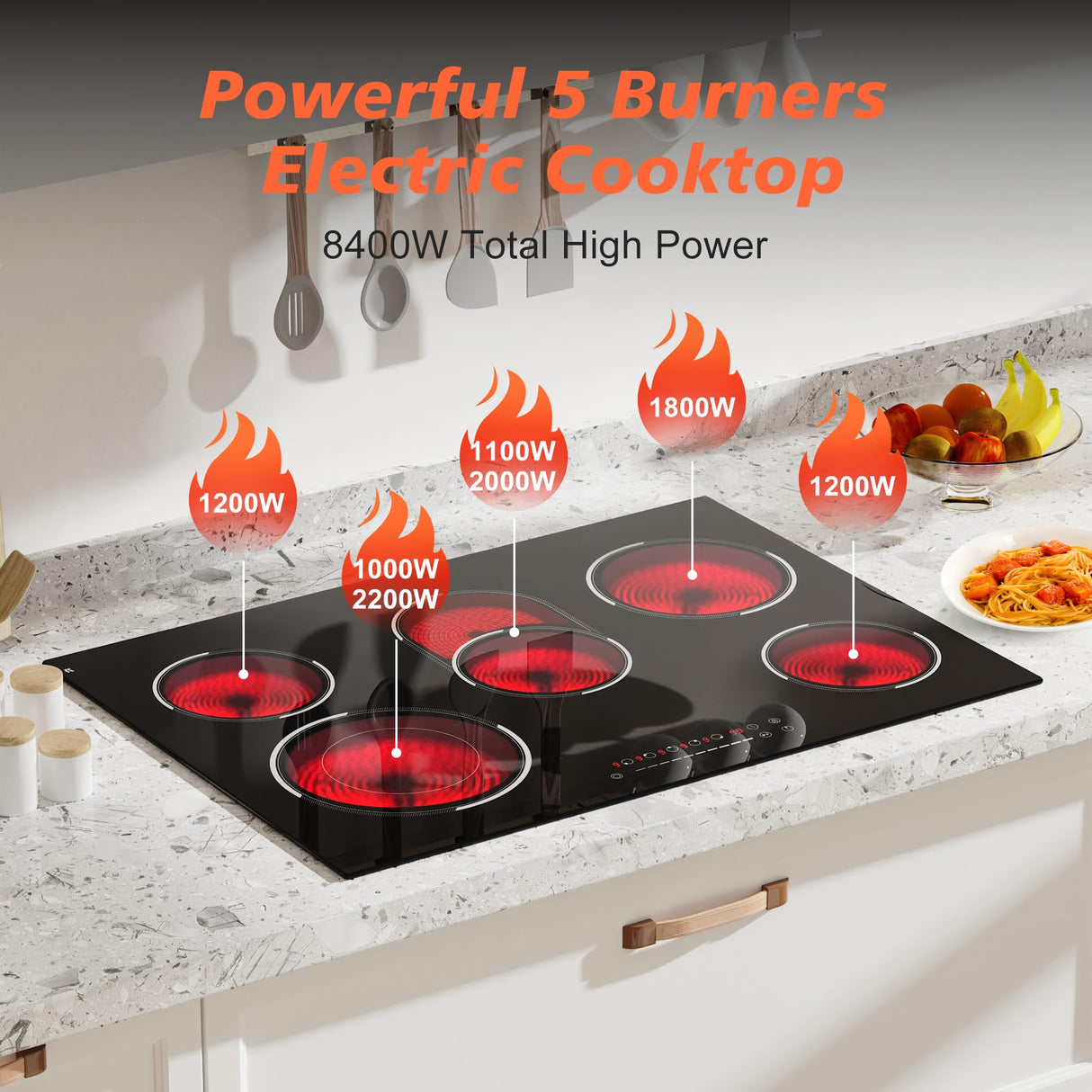 Traenvir 30 Inch Electric Cooktop, 5 Burner 8400W Built-in Electric Stovetop, Ceramic Cooktop with Expanded Zone, Slide Touch Control, Timer, Child Safety Lock, Pause, 220V - 240V Hard Wire, No Plug Traenvir