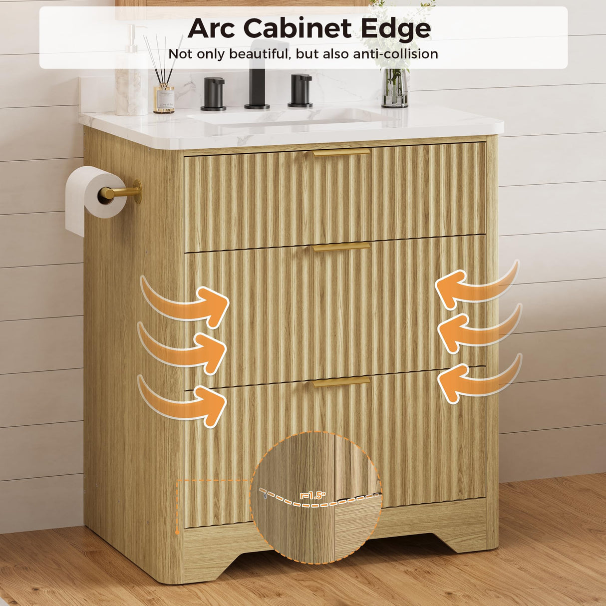 IRONCK 30" Bathroom Vanity with Ceramic Sink, Freestanding Bathroom Sink Cabinet with 2 Drawers & 1 Flip-Down Drawer, Wood Grain Texture, Farmhouse IRONCK