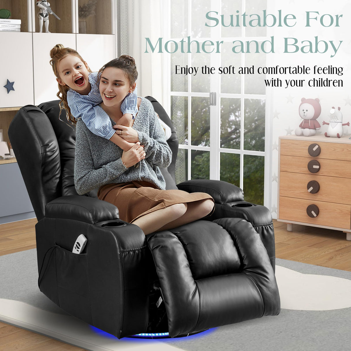 TUNYI Power Recliner Chair, Swivel Rocker Recliner Chair with Massage & Heat Faux Leather Home Theater Seating Rocker Reclining Chair for Living Room with LED Light/USB Port/Lumbar Pillow (Black) TUNYI