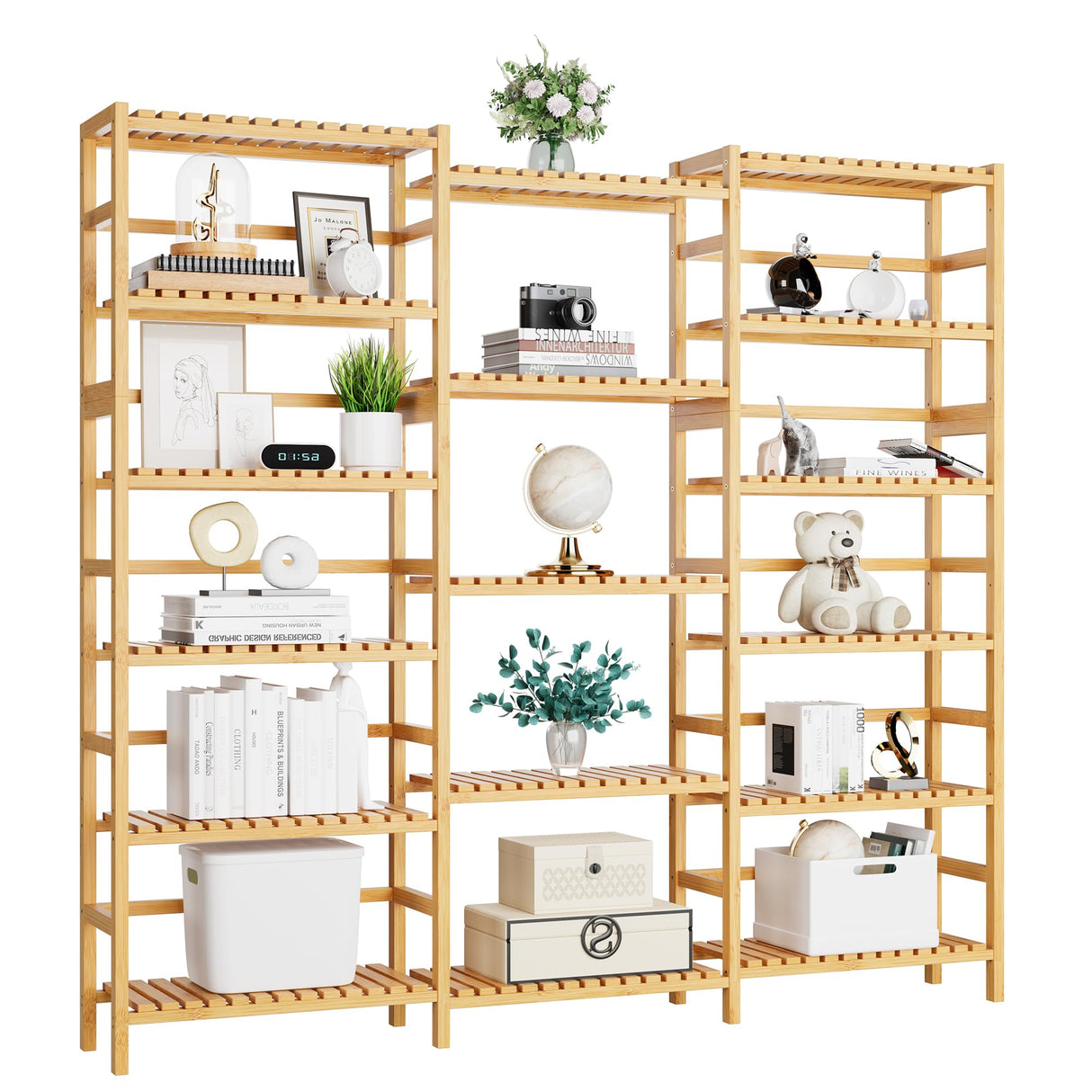 FOTOSOK Triple Wide 6-Tier Bookshelf and Bookcase,Large Freestanding Book Shelf with 17 Open Display Shelves, Tall Bookshelf Plant Flower Shelf Rack Storage Organizer Unit for Living Room, Natural FOTOSOK