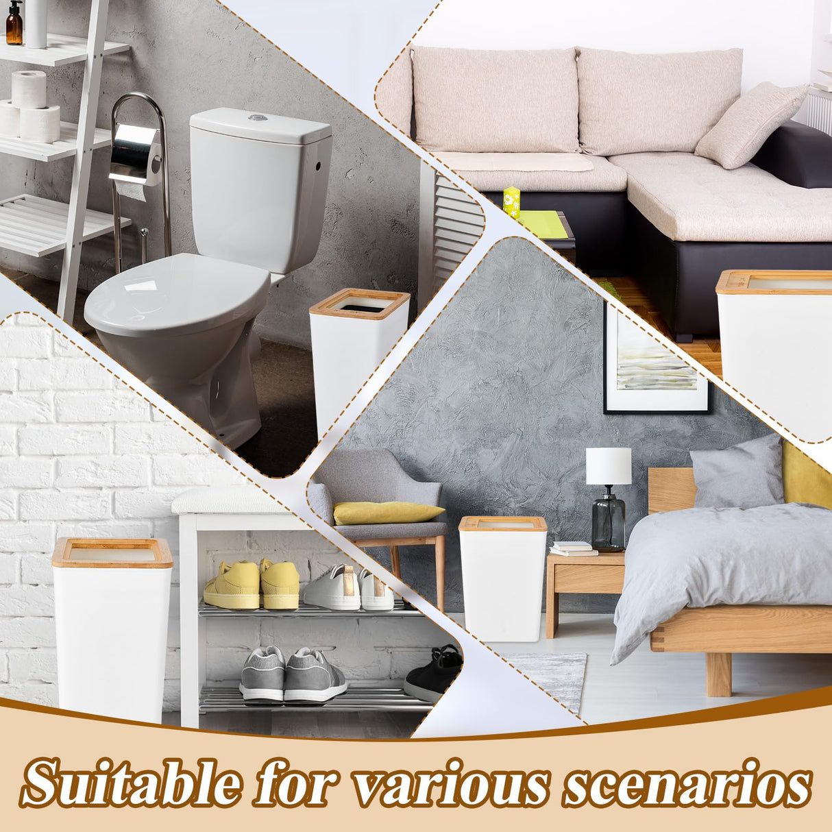 Suclain 2 Pcs Slim Trash Can 2.3 Gal, Small Wastebasket with Semi Open Bamboo Lid Plastic Waste Basket Rectangular Garbage Container Bin Trashcan for Bathroom Bedroom Kitchen Office Living Room Home Suclain