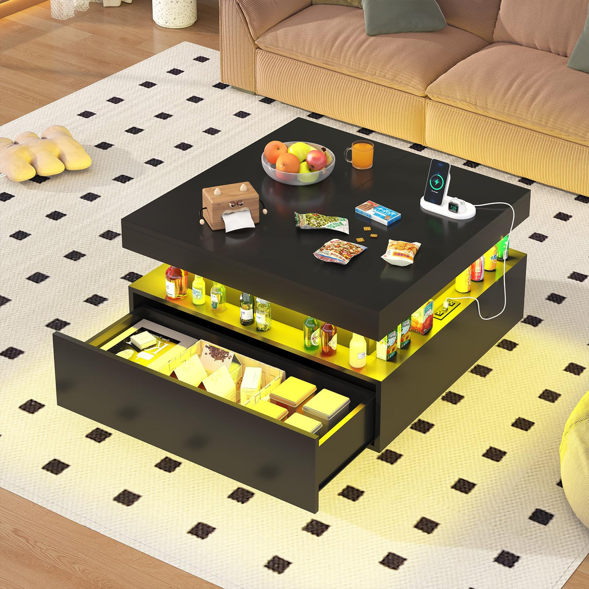 31.5" Square Coffee Table with Sliding Top and Charging Station, Black Coffee Tables with LED Lights and Storage Drawer for Living Room, Modern Center Table with Hidden Compartment, Cabinet Gacfiew