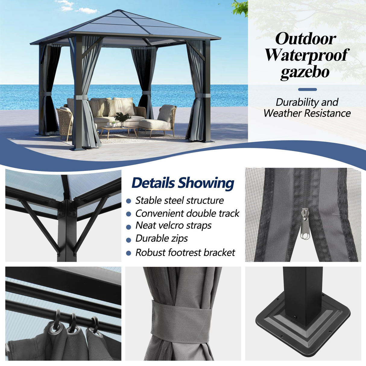 GARTOO 10’x10’ Patio Hardtop Gazebo with Polycarbonate Roof, Waterproof Outdoor Canopy Gazebo, Steel Frame Permanent Pavilion with Curtains and Netting, Perfect for Backyard, Patio, Lawn, Garden GARTOO