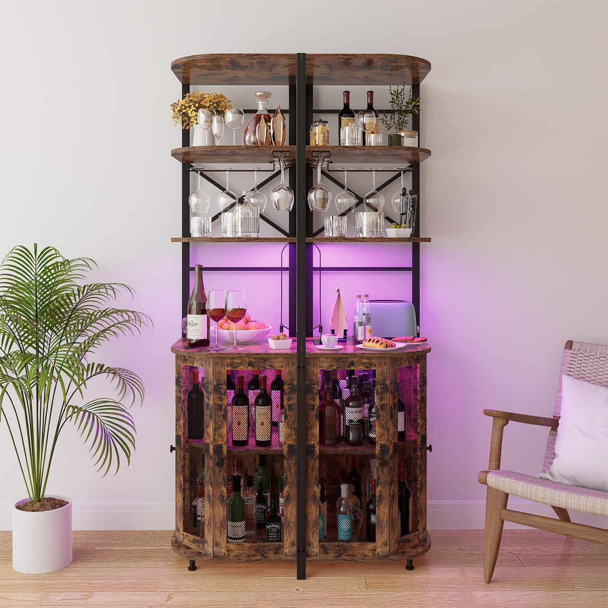 Aufvolr Wine Bar Cabinet with Power Outlet, 6-Tiers Industrial Wine Cabinet with LED Light and Glass Holder, Corner Wine Cabinet with Adjustable Shelf, Liquor Cabinet Bar for Christmas Aufvolr