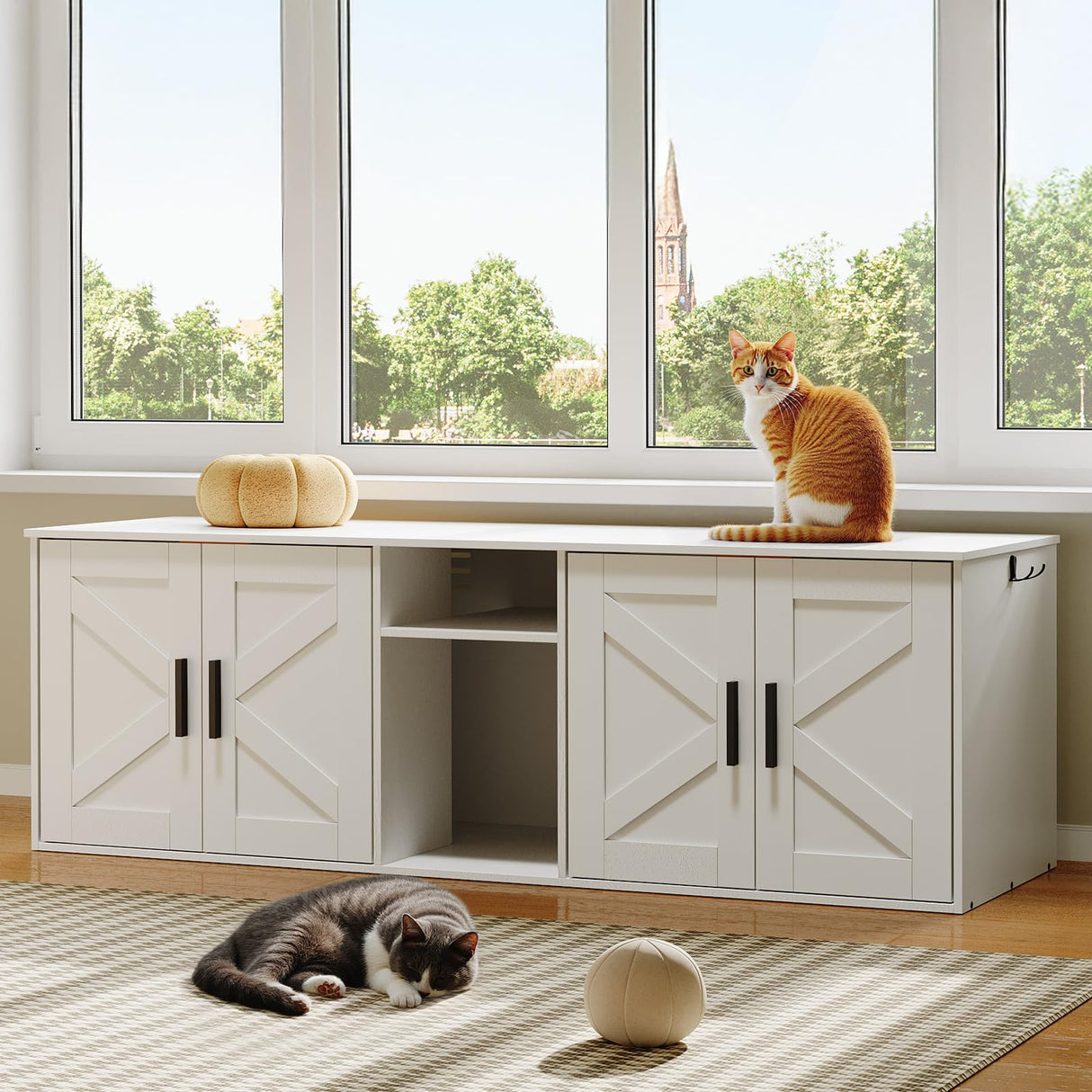 HOOBRO 58.3" Cat Litter Box Enclosure, Litter Box Furniture for 2 Cats, Cat House with Corridor, TV Stand with Storage, Double Litter Box Cabinet with Hooks, Wooden Cat Furniture, White WT15MW01 HOOBRO