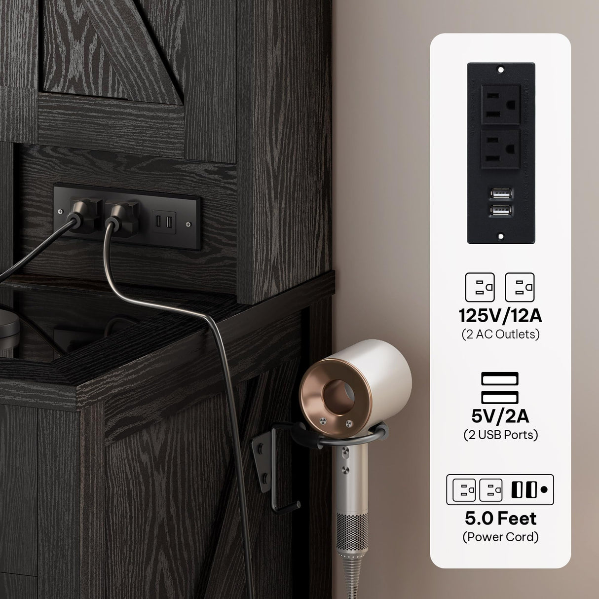 DWVO Farmhouse Vanity Desk with Light and Hollywood Makeup Mirror, Large Storage Space Vanity Set with 2 Drawers & 2 Cabinets, Dressing Table for Bedroom, Stool Included, Black DWVO