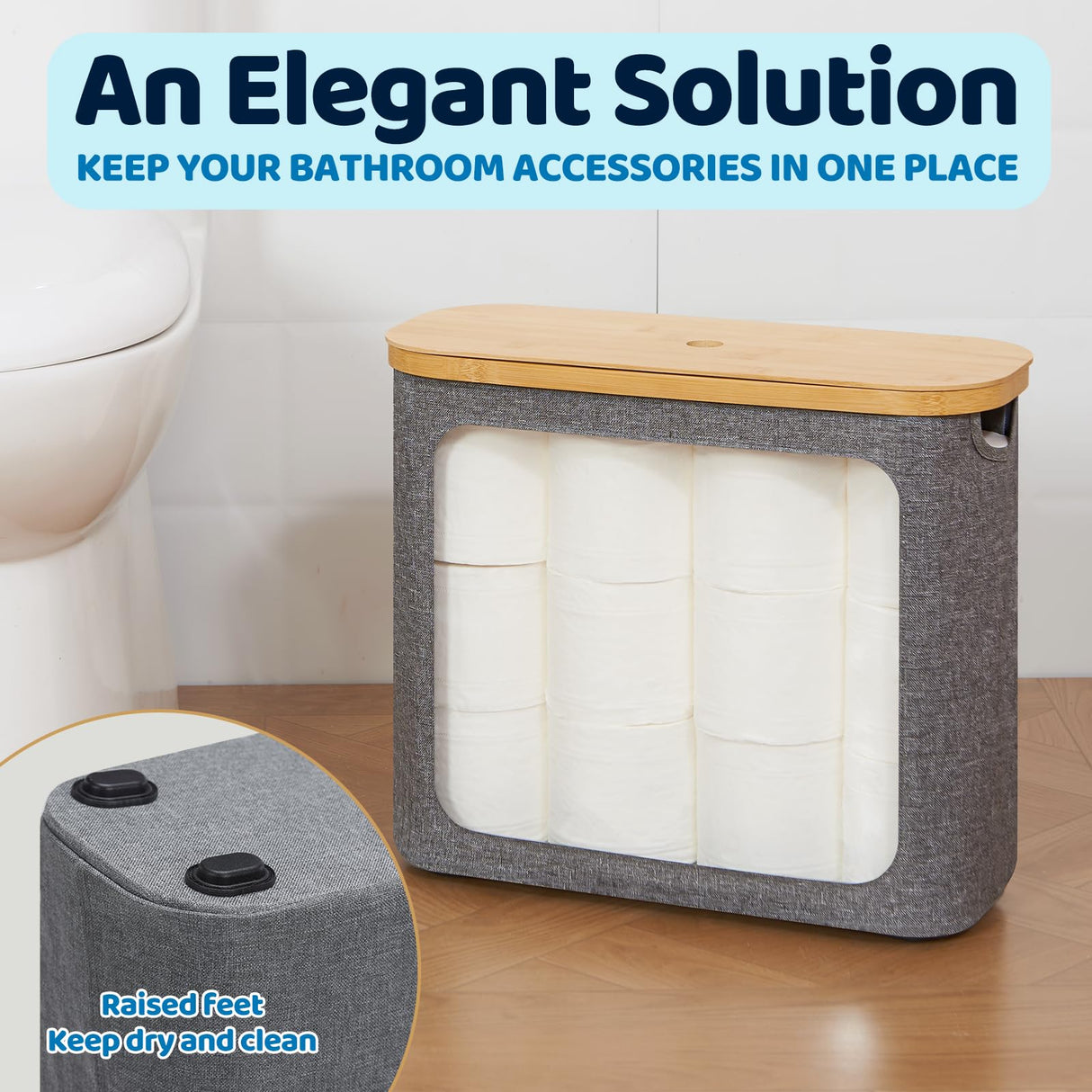 ROSOS Toilet Paper Basket, Toilet Paper Storage with Lid for 12 Rolls, Bathroom Storage Organizer with Bamboo Lid, Grey ROSOS