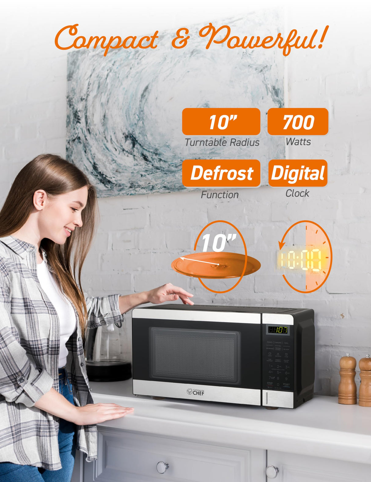 COMMERCIAL CHEF 0.7 Cubic Foot Microwave with 10 Power Levels, Small Microwave with Push Button, 700W Countertop Microwave up to 99 Minute Timer and Digital Display, Stainless Steel Commercial CHEF