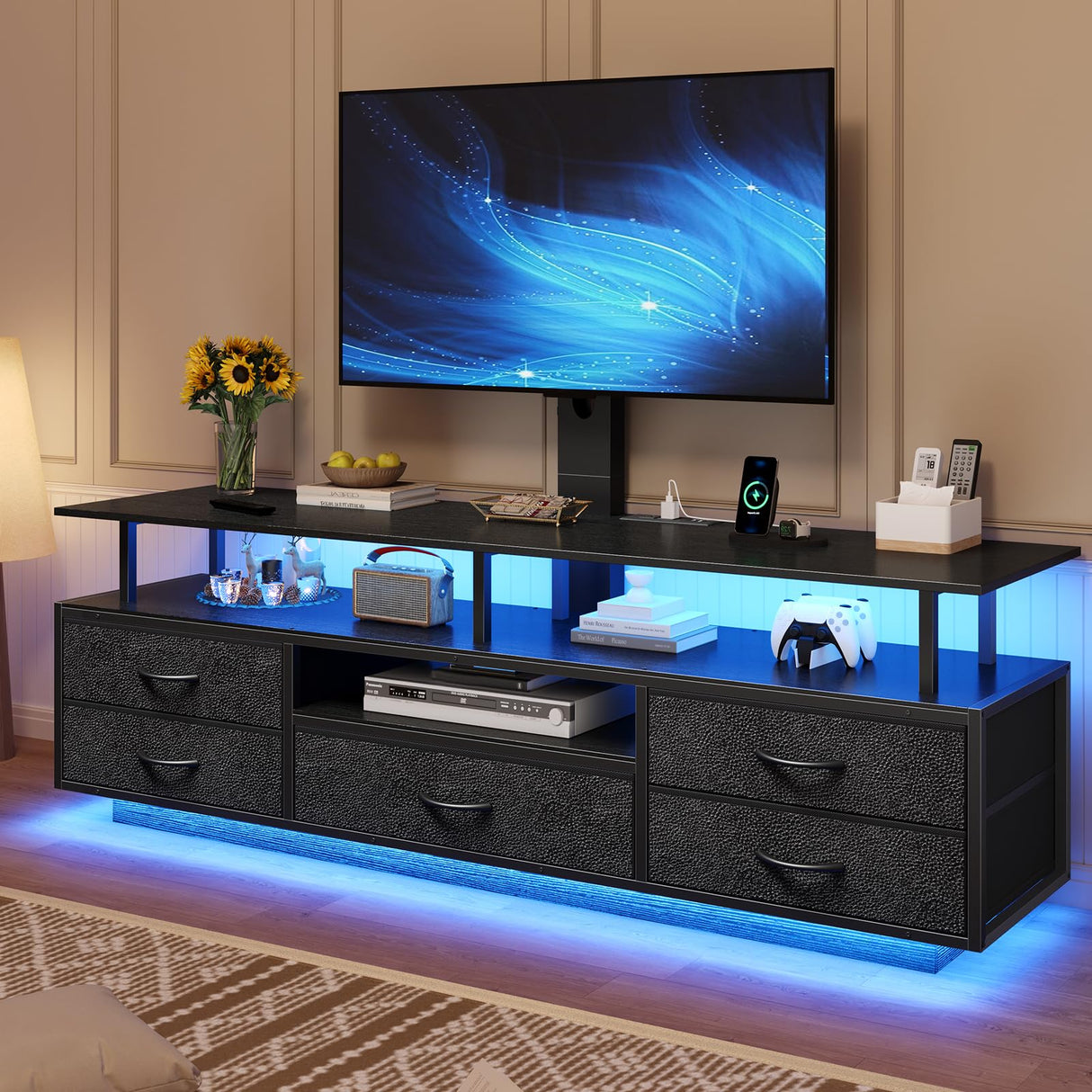 BTHFST TV Stand with Mount for 32/55/65/70 inch TVs, 51.2" LED TV Stand with Power Outlets & Storage, Entertainment Center with Storage for Living Room, Bedroom Black BTHFST