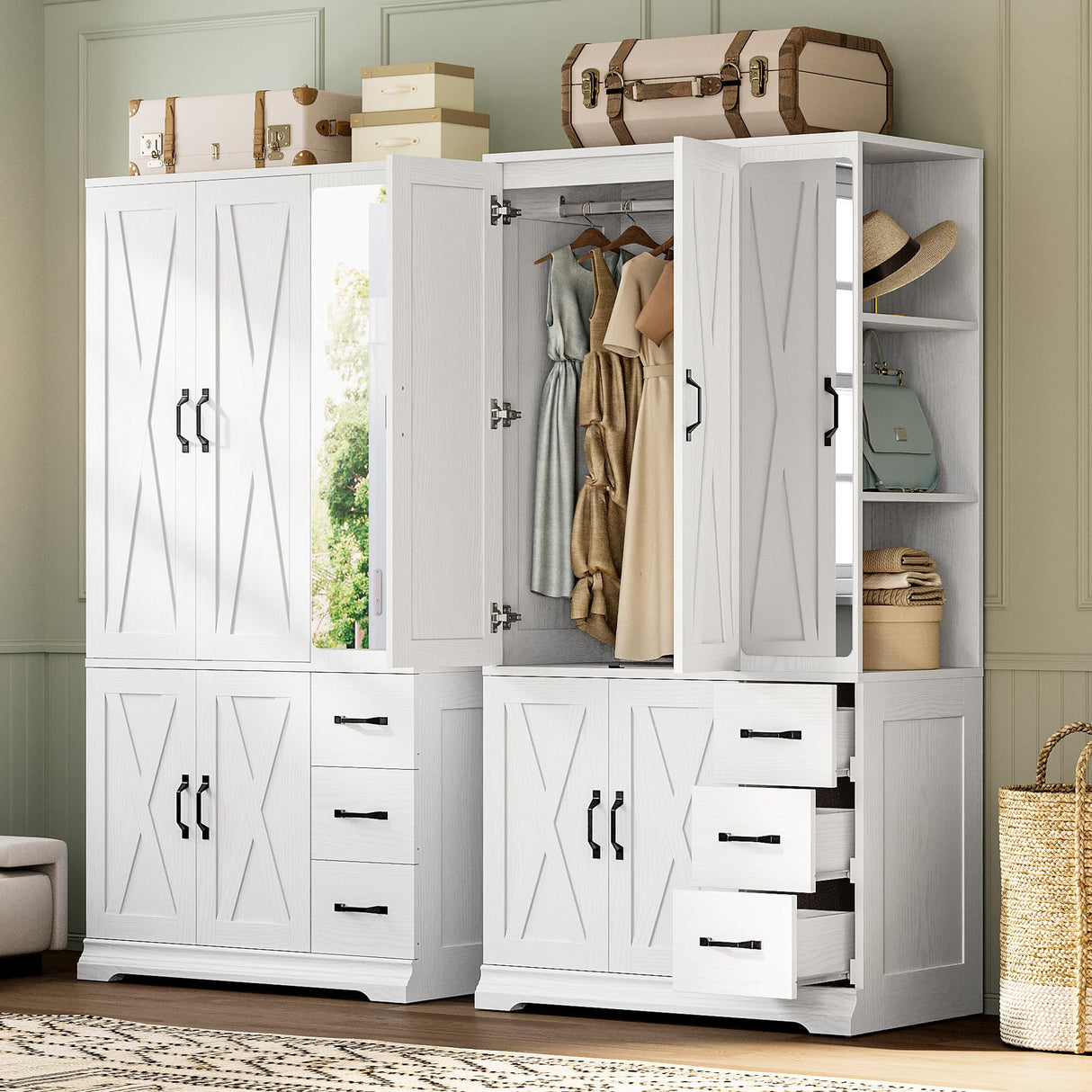 ANCTOR Armoire Wardrobe Closet with Mirror, 70.9" H × 36.2" W, Bedroom Armoires with 4 Doors, 3 Drawers and Shelves, Large Clothing Storage Cabinet for Hanging Clothes, White ANCTOR