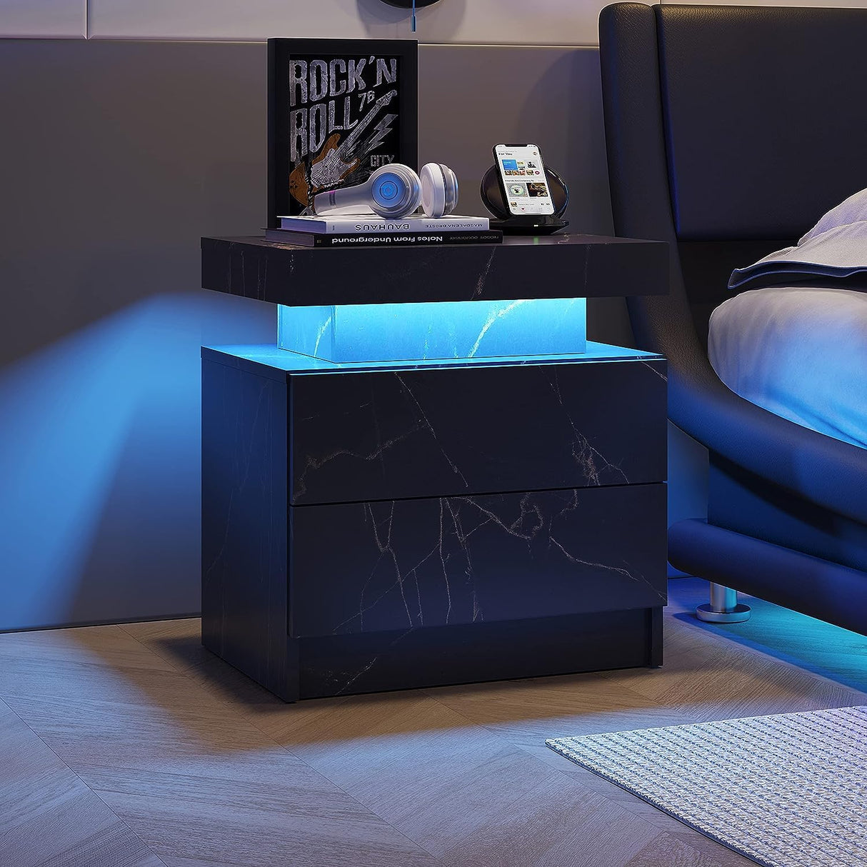 Royard Oaktree LED Nightstand with 2 Storage Drawers, Modern Bedside Table with Marble Grain Finish, 2-Tier Wood End Tables with LED Light for Bedroom/Living Room, Black Gold Royard Oaktree