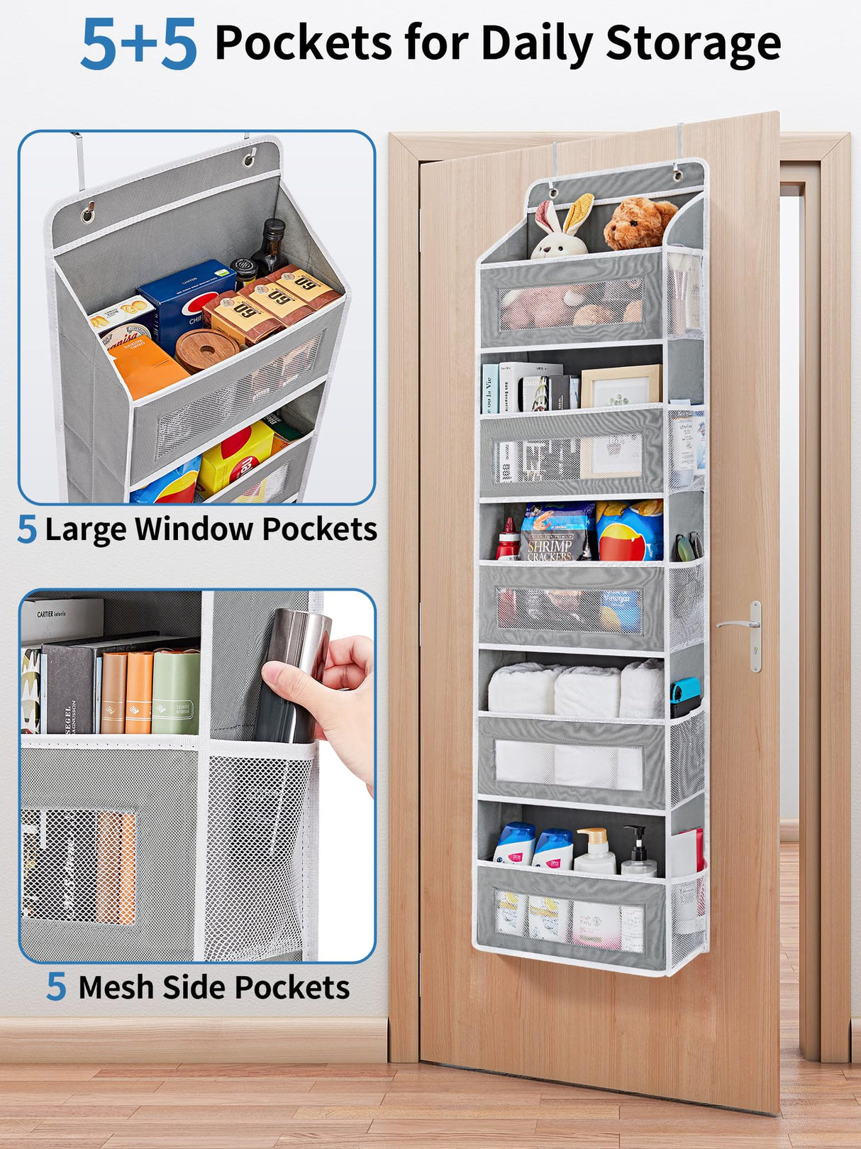 JARLINK Over The Door Organizer Storage, 5 Shelf Hanging Door Organizer with 5 Large Capacity Pockets, Anti Tilt 44 lb Load Behind Door Organizer for Bedroom, Bathroom, Pantry, Nursery, (Grey) JARLINK