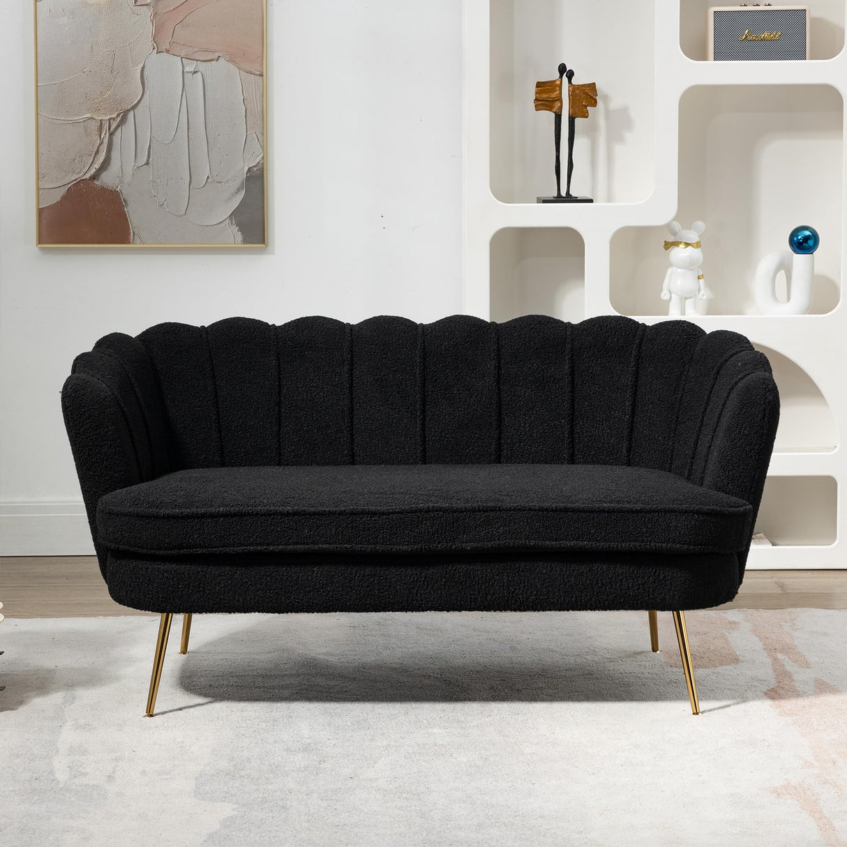 DWOYFO 59” Small Modern Teddy Loveseat Sofa, 2-Seater Sofa with Gold Metal Legs, Small Couch with Flower Shaped Back for Living Room Bedroom Office (Teddy, Black) DWOYFO