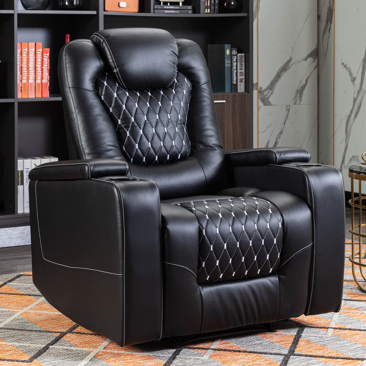 ANJ Power Recliner Chair with USB Ports and Cup Holders - Overstuffed Electric Home Theater Seating PU Leather Reclining Furniture with Hidden Arm Storage, Easy to Clean (Black) ANJ