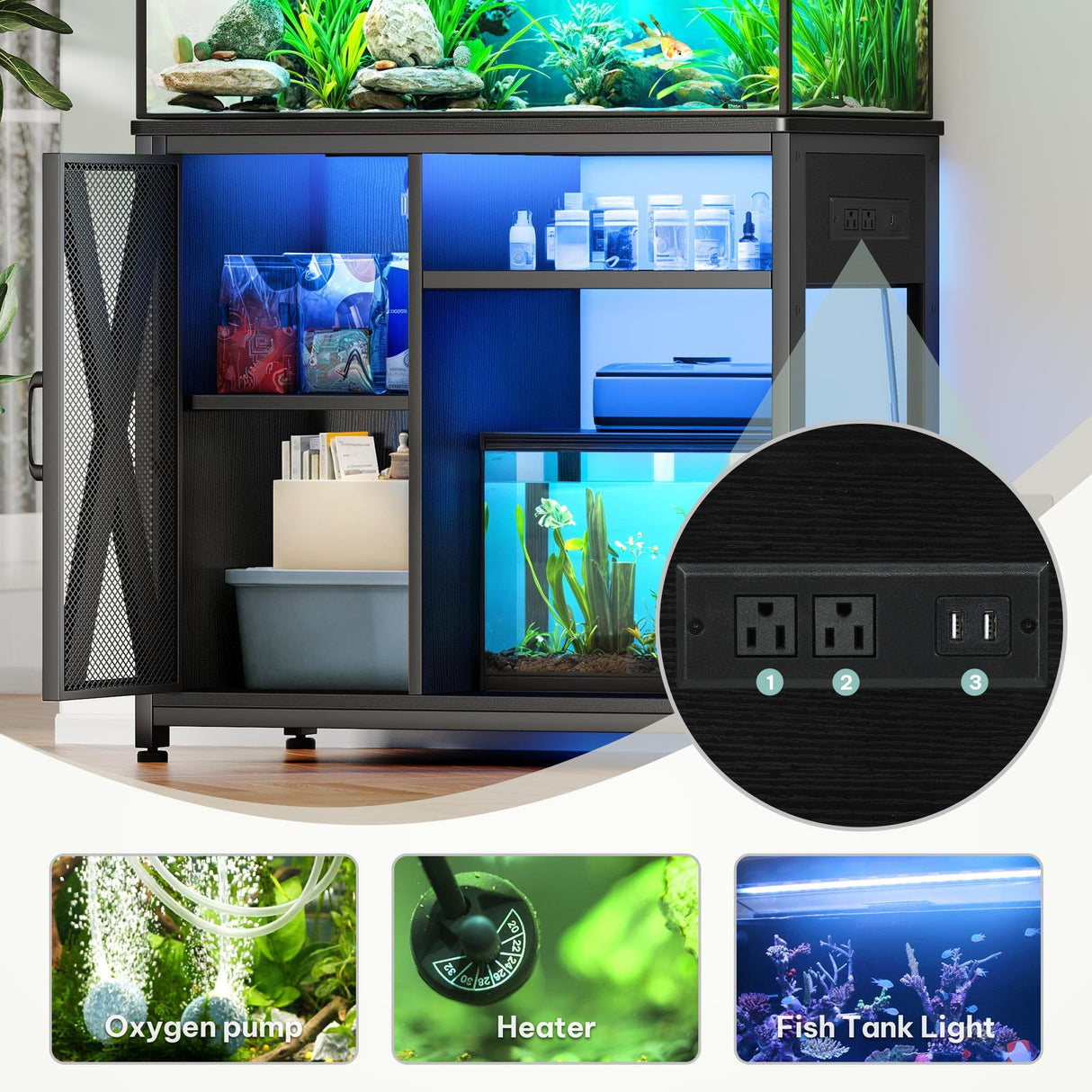 YITAHOME Fish Tank Stand with Power Outlets & LED Light, 40-50 Gallon Metal Aquarium Stand with Cabinet for Fish Tank Accessories Storage for Turtle Tank, Reptile Terrarium, 660LBS Capacity, Black YITAHOME