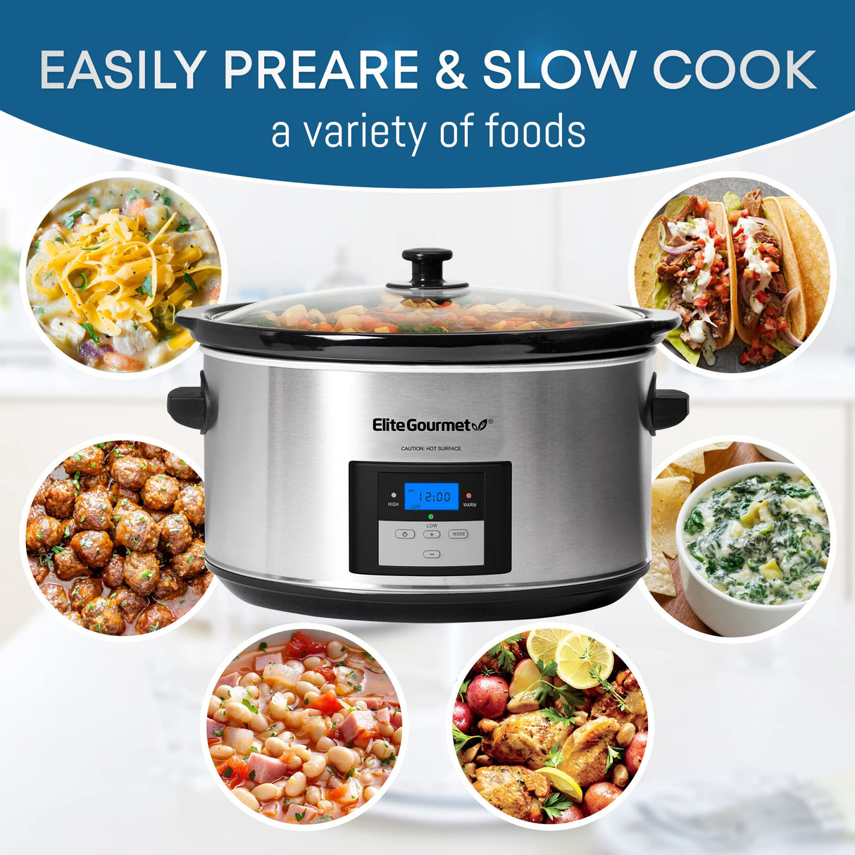 Elite Gourmet MST-900D 8.5Qt Digital Programmable XL Jumbo Slow Cooker, Adjustable Temp, Entrees, Sauces, Stews & Dips, Dishwasher Safe Glass Lid & Crock, Stainless Steel Elite Gourmet