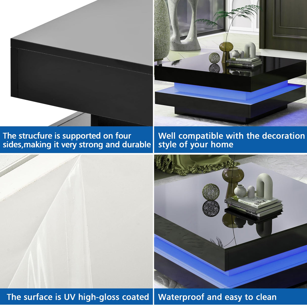 LED Coffee Table for Living Room, 2-Tier Modern Middle Center Table, Coffee Table with 16-Color Plug-in LED Light, Cocktail Tea Table for Home Office Reception Room, Black realglow