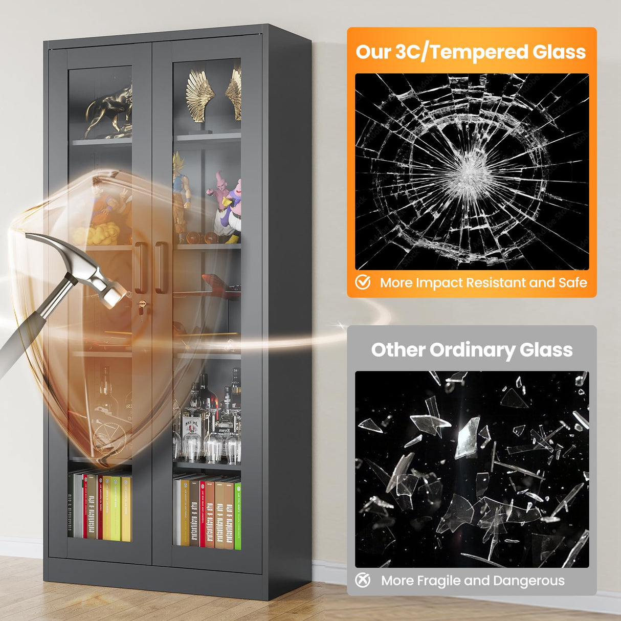 AFAIF Locking Display Cabinet with Glass Door, 71”H Metal Curio Cabinets with Adjustable Shelves, Black Liquor Caninet Display Case for Living Room, Collectibles, Clinic, Home - Assembly Required AFAIF