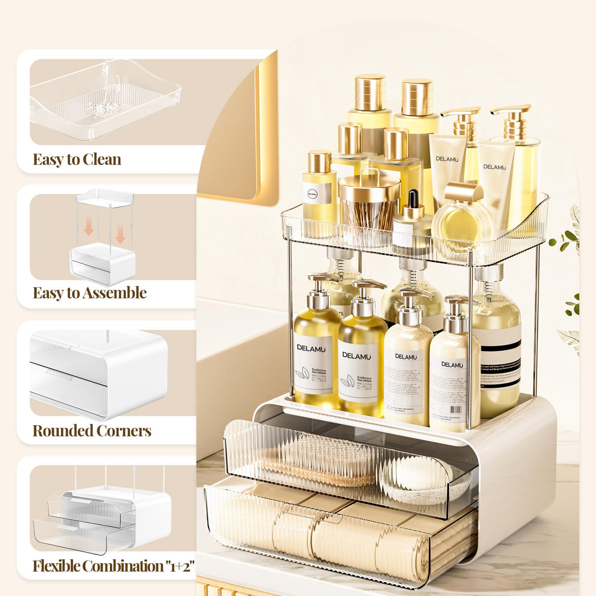 Delamu Bathroom Counter Organizer 2-Drawers 2-Tier Acrylic Makeup Organizer for Vanity Countertop, Skincare Perfume Storage, Easy Assembly, Ideal Gift for Women, Bath Linen Sets, Clear Delamu