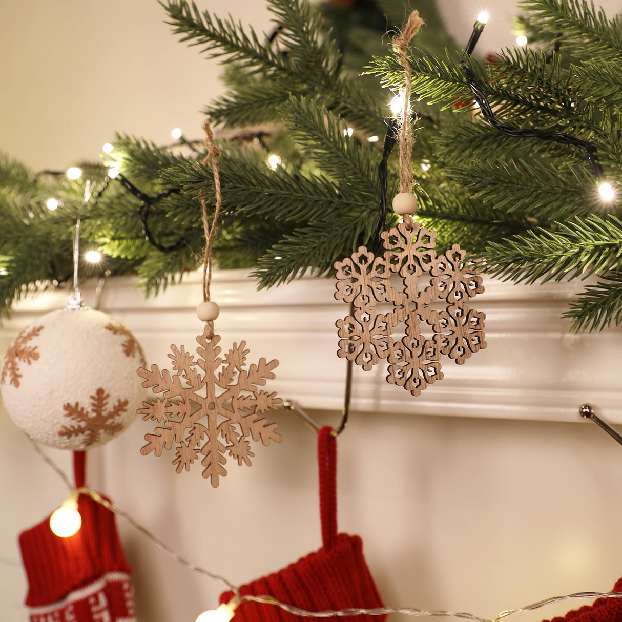 24 Pieces Wooden Christmas Snowflakes Ornaments 3inch Snow Flake Hanging Ornament for Rustic Christmas Tree Decoration Holiady Gift Crafts HUADODO