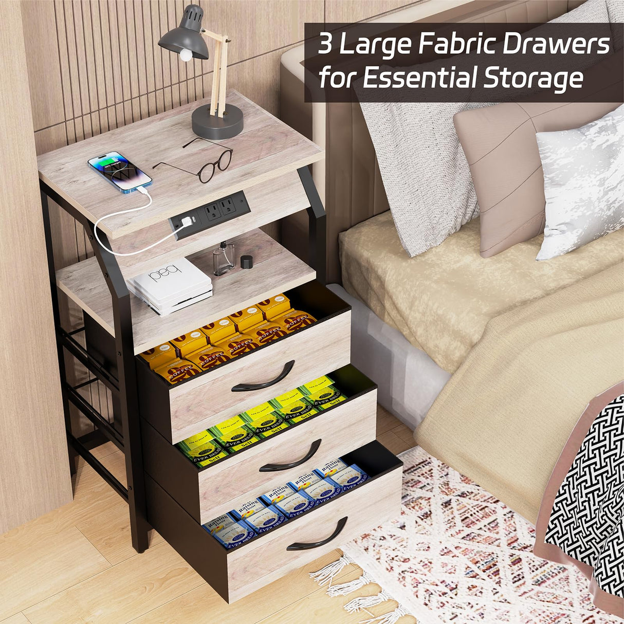 SZLHANJZ End Table with 3 Drawers, Night Stand with Charger Station and LED Lights, Small Nightstand with Fabric Storage, Farmhouse Side Table for Bedside, Living Room, Dorm, Greige SZLHANJZ