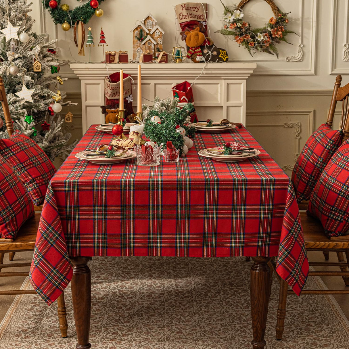 Softalker Christmas Checkered Tablecloth Rectangle - Red Buffalo Plaid Linen Cotton Gingham Xmas Table Cloths, Winter Farmhouse Table Decorations for Dining/Parties/Holiday, 54 x 80 Inch Softalker