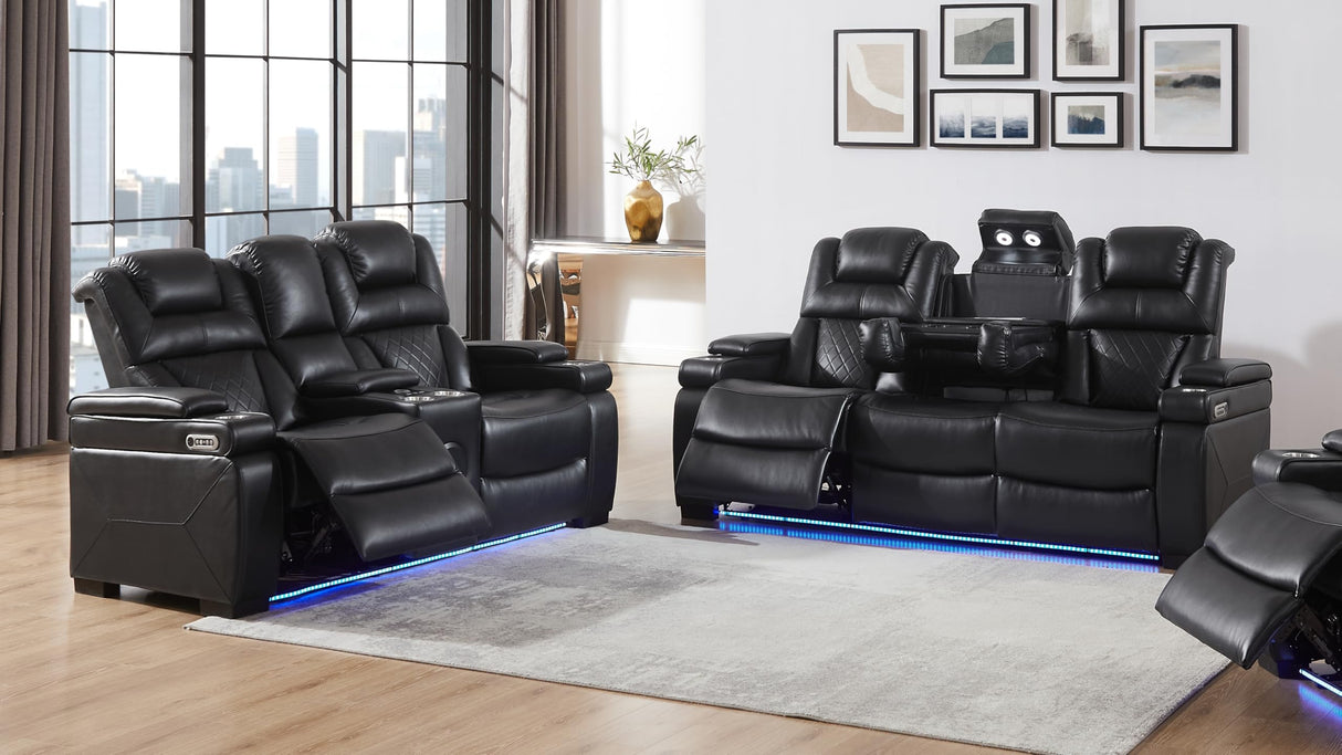 THSUPER Power Breathable Leather Reclining Sofa and Loveseat Set with LED Light, Home Theater Seating Recliner Couch with Adjustable Headrest/Reading Light/USB Port/Bluetooth Speaker, Black THSUPER