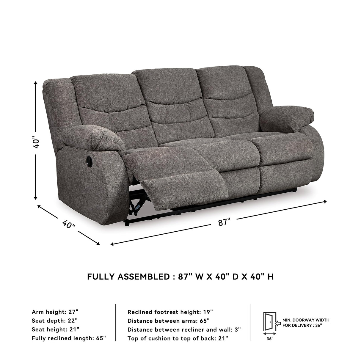 Signature Design by Ashley Tulen Modern Manual Pull Tab Reclining Sofa, Dark Gray Signature Design by Ashley
