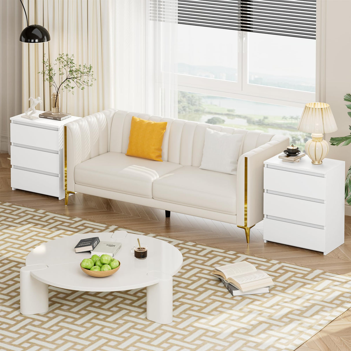 FOTOSOK Nightstand Set of 2 White Nightstand with 3 Drawers, White Bedside Table Night Stand for Bedroom with Cut-Out Handle, Sofa Side Table 3 Drawer Nightstand for Bedroom, 17.7W*15D*21.7H FOTOSOK