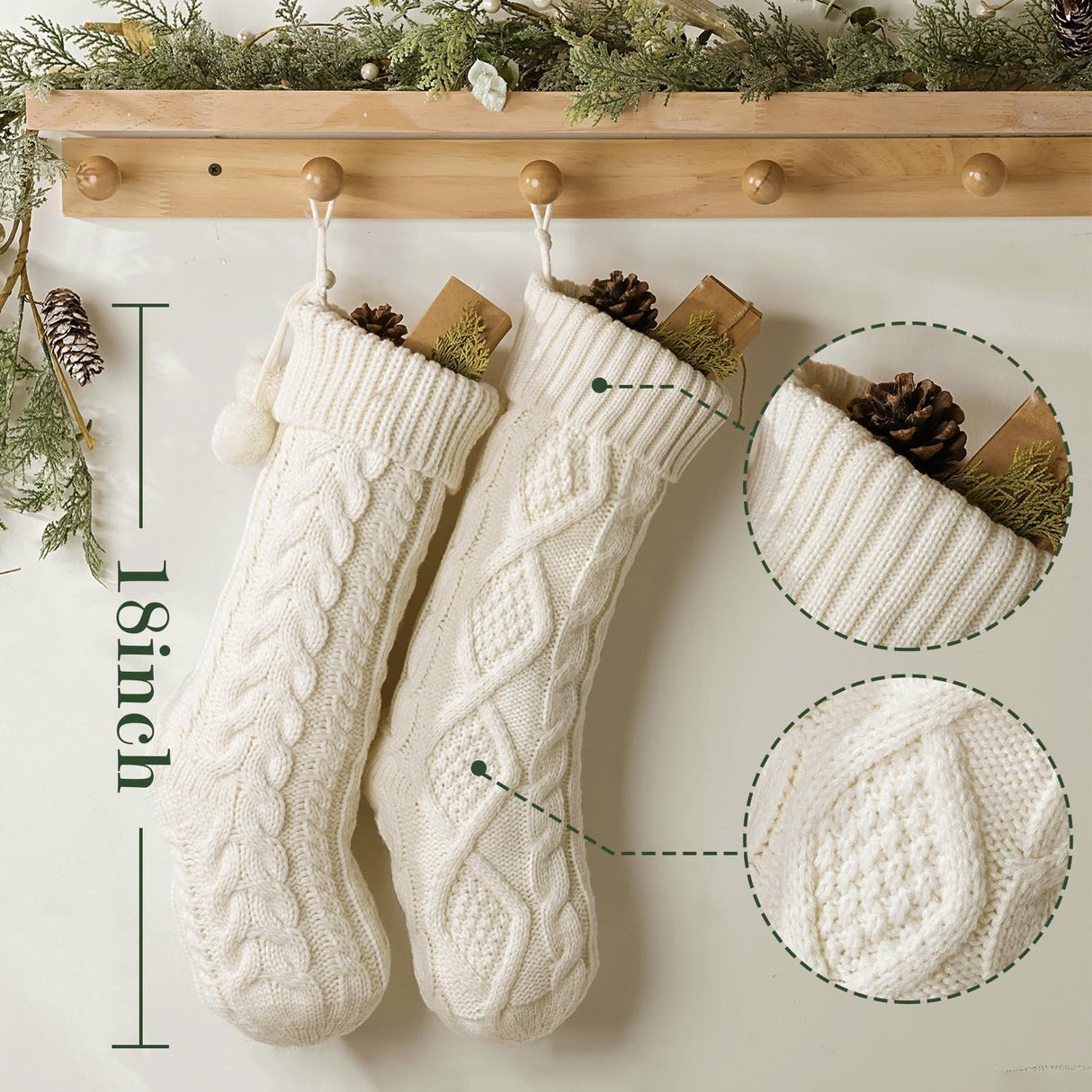 Christmas Stockings: 6 Pack 18 Inch Cream White Cable Knit PPersonalized Christmas Stockings, Rustic Hanging Xmas Stockings Farmhouse Boho Beige Knitted Stockings Decorations for Family Holiday Decor Pawliss